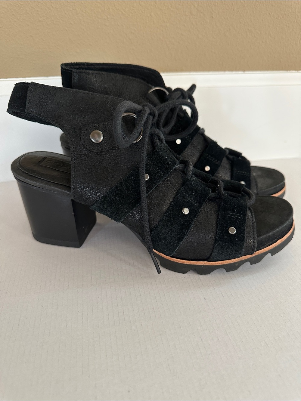 Sorel Black Suede & Leather Lace-Up Block Heel Sandals
